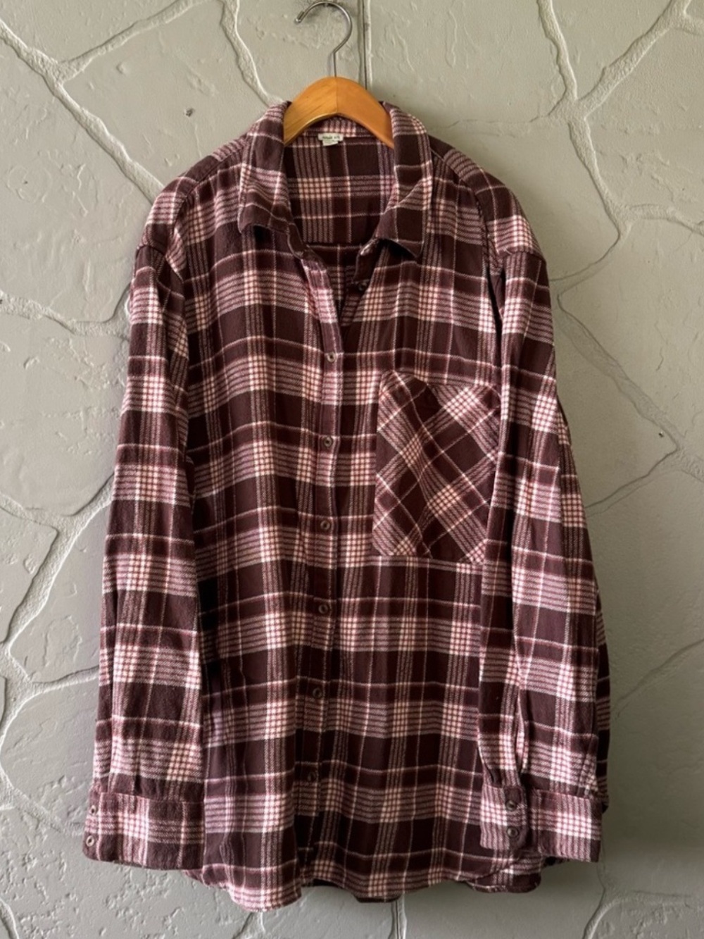 Aerie Oversized Plaid Flannel Button Down Shirt Pink Brown XL 100% Cotton